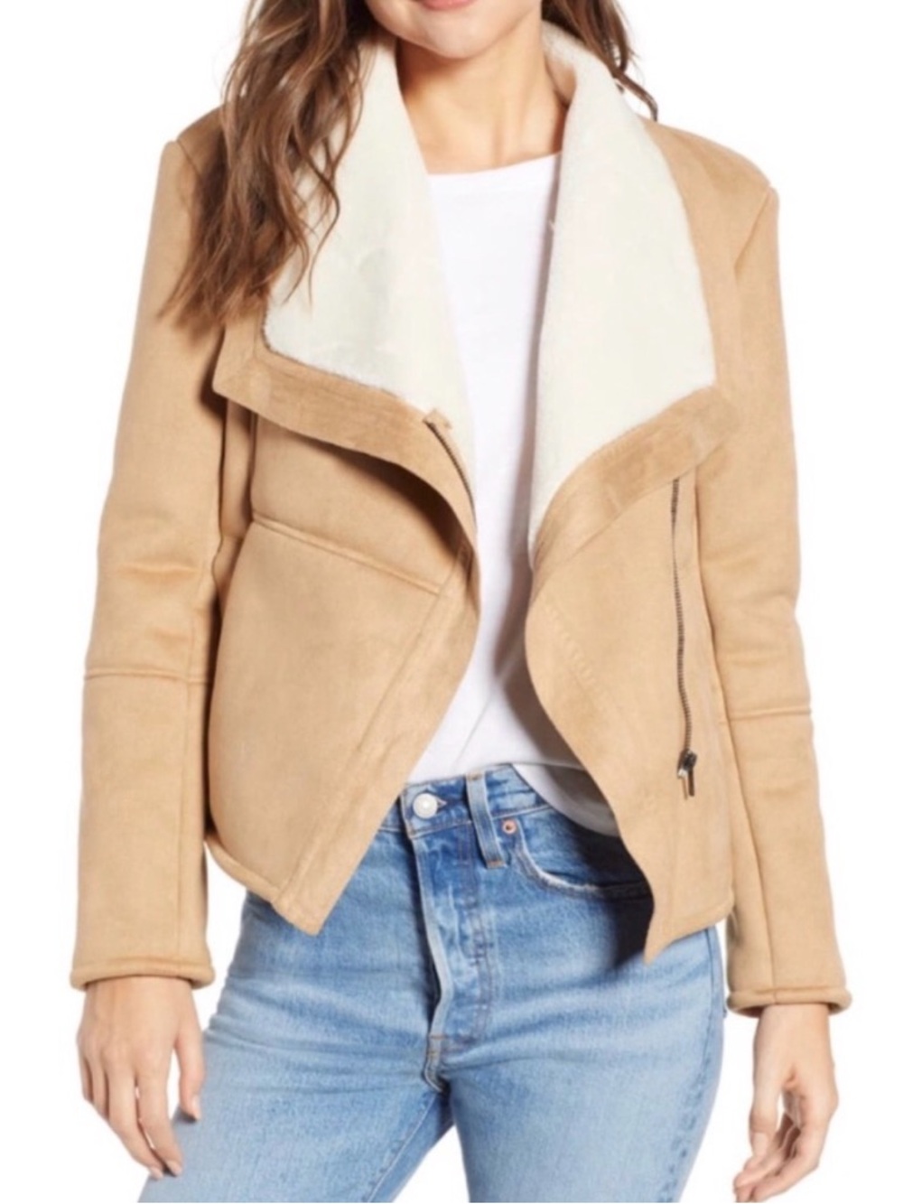BB Dakota Jacket Womens Size XS Faux Fur Suede Shearling Zip Light Oak beige 148